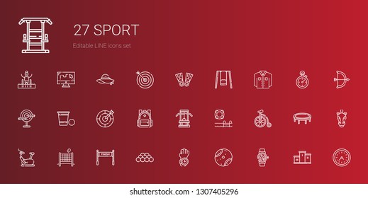 sport icons set. Collection of sport with smartwatch, tennis ball, watch, ball, finish, volley, stationary bike, bicycle, swimming pool, gym. Editable and scalable sport icons.