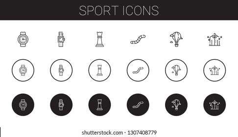 sport icons set. Collection of sport with watch, smartwatch, chess piece, worm, hot air balloon, shirt. Editable and scalable sport icons.