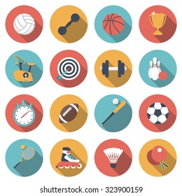 Sport icons set. football, basketball, rugby, fitness, bowling, baseball, tennis, ping pong, volleyball, dumbbells. Elements and objects of sport, recreation, entertainment. Web and mobile app. Vector