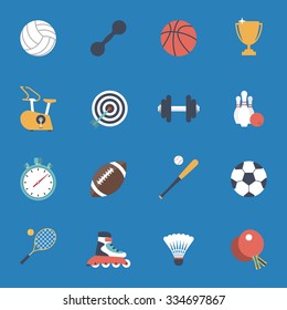 Sport icons set. football, basketball, rugby, fitness, bowling, baseball, tennis, ping pong, volleyball, dumbbells. Web and mobile app. Vector