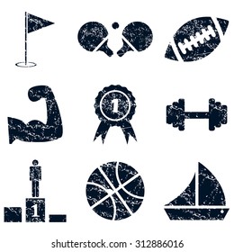 Sport icons set grunge, black, on white background