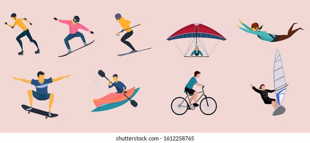 Sport icons set with kayak bike skate ski paragliding roller skate isolated vector illustration