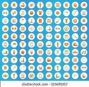 Sport icons set, orange image in white circle on blue background