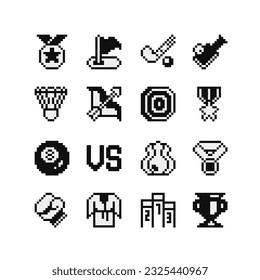 Sport icons set pixel art style, emoji. Achievement logo. 1-bit sprite. Design for logo game, sticker, web, mobile app, badges and patches. Isolated vector illustration. Game assets.