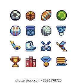 Sport icons set pixel art style, emoji. Achievement logo. 8-bit sprite. Design for logo game, sticker, web, mobile app, badges and patches. Isolated vector illustration. Game assets.