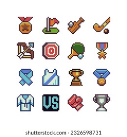 Sport icons set pixel art style, emoji. Achievement logo. 1-bit sprite. Design for logo game, sticker, web, mobile app, badges and patches. Isolated vector illustration. Game assets.