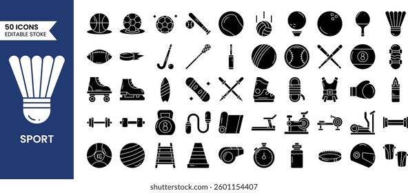 Sport icons set in solid style. Containing baseball, basketball, soccer, golf, Ping Pong and more. Vector illustration