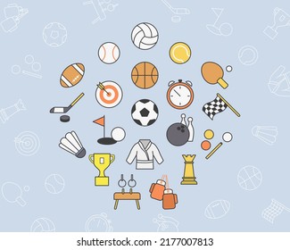 Sport Icons set - Vector color symbols and outline type of sports for the site or interface