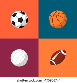 Sport icons set, vector illustration. Balls for american football, basketball, volleyball, soccer ball on color background.