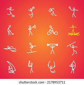 Sport icons set. Vector outline isolated sports theme signs for web or app. Editable stroke template. Stylized sportsman pictogram, contour doodles people figure