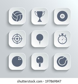 Sport icons set - vector white app buttons with volleyball trophy cup billiard  golf stopwatch bowling ping pong tennis