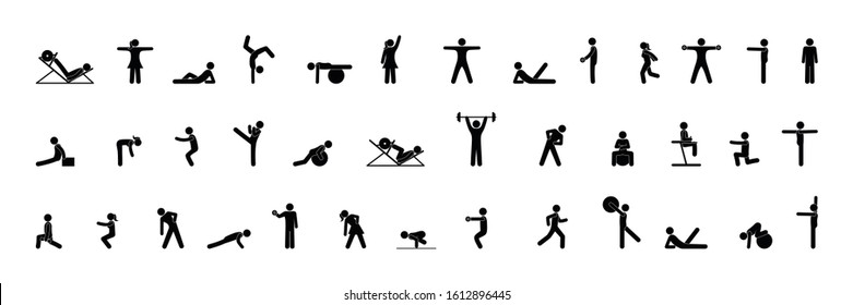 sport icons, silhouettes set, people do gymnastics, gym illustration, stick figure man