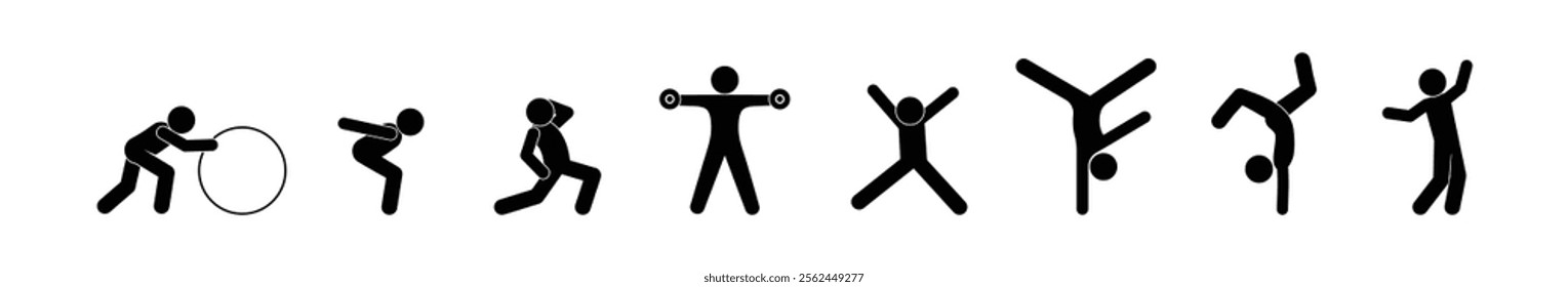 sport icons, silhouettes set, people do gymnastics, gym illustration, stick figure man	
