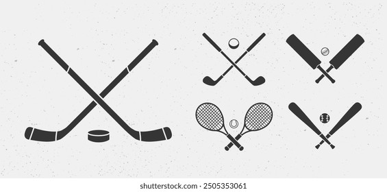 Iconos del deporte. Raquetas de tenis, clubes de golf, bates de béisbol, taco de hockey, bates de críquet. Iconos del deporte para el logotipo, etiqueta, cartel, Plantilla del emblema. Ilustración vectorial