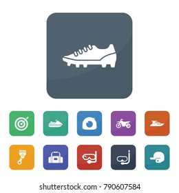 Sport icons. vector collection filled sport icons such as tire repair, piston, diving mask, target, baseball cap, sneakers, sport bag, yacht, motorcycle