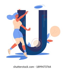 Sport illustration about Ultimate sport and woman training. Capital letter U and happy female character running for flying disk