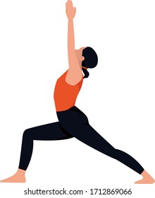 Sport illustration flat style, cute sturdy girl doing yoga on an isolated white background. Makes fitness exercises, sport workouts in various poses. Template for design work. Vector stock graphics.