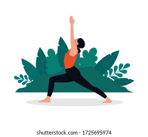 Sport illustration flat style, cute sturdy girl doing yoga on an isolated white background. Makes fitness exercises, sport workouts in various poses. Template for design work. Vector stock graphics.