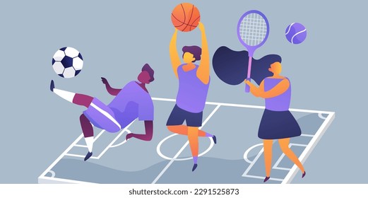 Sport illustration, Football, Basketball and Tenis. Man and 2 womens