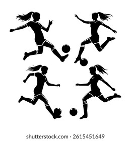 sport, illustration, people, soccer, ball, goal, female, kick, footballer, team, player, foot, vector, woman, game, competitive, silhouette, girl, athlete, action, competition, play, football, black,