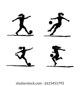 sport, illustration, people, soccer, ball, goal, female, kick, footballer, team, player, foot, vector, woman, game, competitive, silhouette, girl, athlete, action, competition, play, football, black