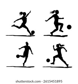 sport, illustration, people, soccer, ball, goal, female, kick, footballer, team, player, foot, vector, woman, game, competitive, silhouette, girl, athlete, action, competition, play, football, black, 