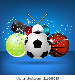 Sport illustration with soccer ball, tennis ball, basket ball, snooker balls and hockey puck on a blue background/vector illustration