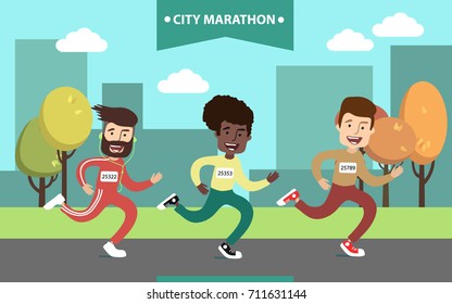 Sport illustration Template. poster city ??marathon running with male team of athletes