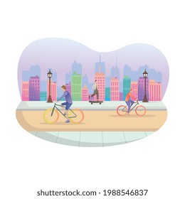 Sport illustration theme with two mans play bike around town, 
positive activity, exercise and maintain health
