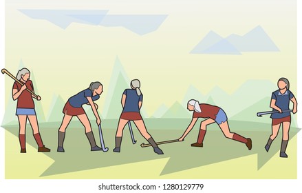 sport illustration, woman hockey on grass