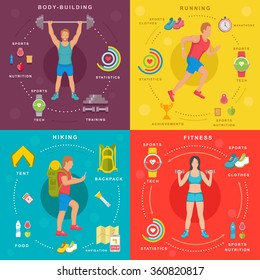 Sport infographic banners and elements with running, bodybuilding, fitness and hiking. Set sign sport people and others objects. Fitness info graphic template. 4 flat square icons composition banner