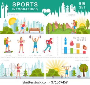 Sport infographic banners and elements with running, bodybuilding, fitness and hiking. Set sign sport people and others objects. Fitness info graphic template. 4 flat square icons composition banner.