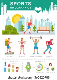 Sport infographic elements with illustration running man, charts, sport and fitness tech, sign sport people and others objects. Fitnes template is easy to use. Infographics set people training healthy