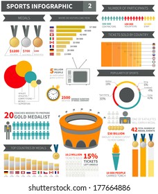 Sport infographic elements with sample numbers, flags, charts and objects. Games info graphic template is easy to use - vector files organized in groups for easy editing.