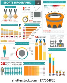 Sport infographic elements with sample numbers, flags, charts and objects. Games info graphic template is easy to use - vector files organized in groups for easy editing.