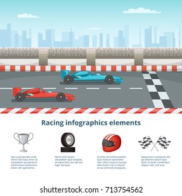 Sport Infographic With Race Cars Of Formula 1. Different Cars And Driver Tools. Formula One Race Car. Vector Illustration