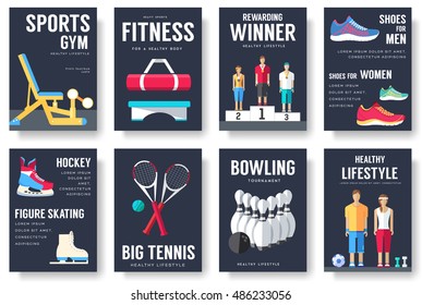 Sport information cards set. Lifestyle template of flyear, magazines, posters, book cover, banners. Physical athletic infographic concept  background. Layout illustrations modern pages with typography