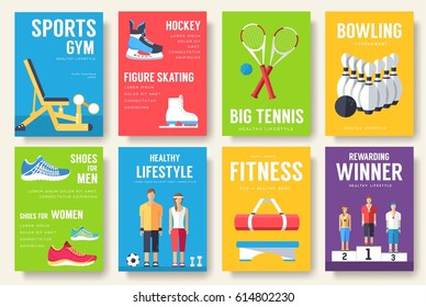 Sport information cards set. Lifestyle template of flyear, magazines, posters, book cover, banners. Physical athletic infographic concept background. Layout illustrations modern pages with typography