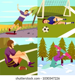 Sport injury flat colorful 2x2 design concept set of square compositions with different kinds of sport vector illustration