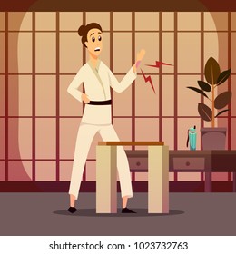 Sport injury flat colorful composition with cartoon character of karate warrior in kimono and indoor scenery vector illustration