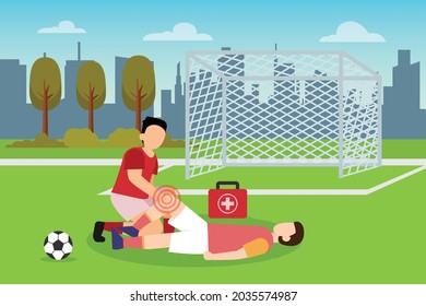 Sport injury vector concept: Soccer player gets treatment on his leg while lying on the soccer field