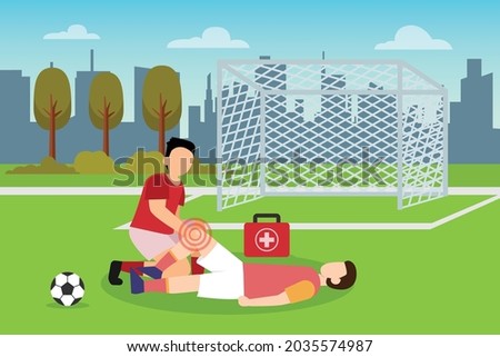 Sport injury vector concept: Soccer player gets treatment on his leg while lying on the soccer field