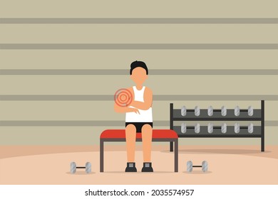 Sport injury vector concept: Young man suffering pain on his arm while doing exercise with dumbbell in the gym