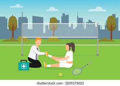 Sport injury vector concept: Young woman suffering pain in her leg while playing tennis in the field