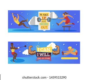 Sport inspiration and workout vector banner illustration . I Can And I Will. Sport gym workout emblems and motivation quote with cartoon jumper, runner and gymnast.