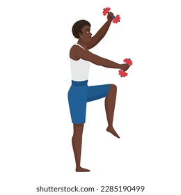 Sport instructor with dumbbells. Fitness coach, gym workout training vector cartoon illustration