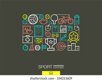 Sport integrated thin line symbols. Modern linear style vector concept, with connected flat design icons. Abstract background illustration for training, tennis, bicycle, soccer, rugby, fitness concept