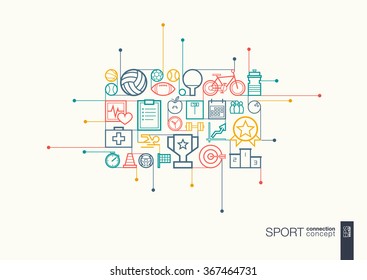 Sport integrated thin line symbols. Modern linear style vector concept, with connected flat design icons. Abstract background illustration for training, tennis, bicycle, soccer, rugby, fitness concept