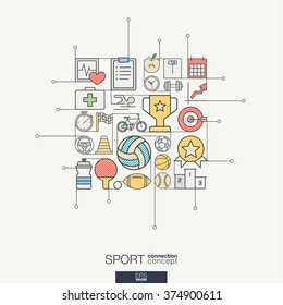 Sport integrated thin line symbols. Modern color vector concept, with connected flat design icons. Abstract background illustration for training, tennis, bicycle, soccer, rugby, fitness concept