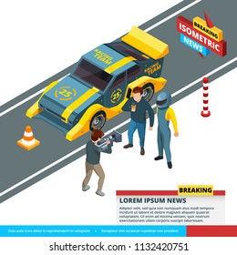 Sport interview. Vector isometric 3d pictures of formula racer interview. Formula one formula champion and tv journalist correspondent illustration